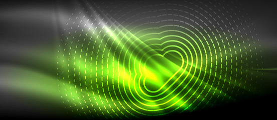 Obraz premium Neon glowing wave, magic energy and light motion background. Wallpaper template, hi-tech future concept