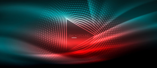 Obraz premium Neon glowing wave, magic energy and light motion background. Wallpaper template, hi-tech future concept