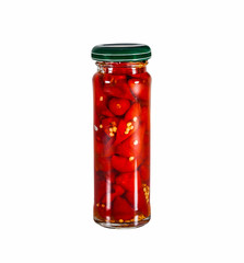 Canned chili in a glass jar. Isolated on white.