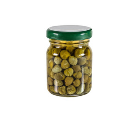 Canned capers in a glass jar. Isolated on white.