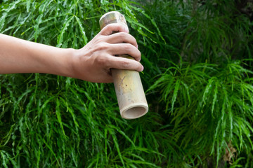 Bamboo tube in the hand of man
