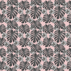 Black and white seamless pattern of monstera leaf on a pink background