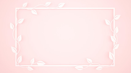 Vine Leaves and white frame on light pink background - Frame artwork for add message - Papercut style - 3D Illustration