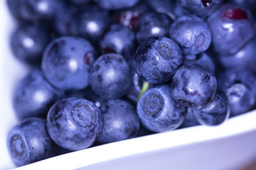 Pick blueberries in a white porcelain bowl. A large number of blue bilberries. Organic blueberries in a mug for healthy eating 