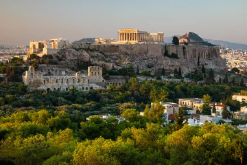 Foto op Canvas Scenic panoramic view on Acropolis in Athens, Greece at sunrise. Colourful travel background with dramatic sky © Anton Petrus