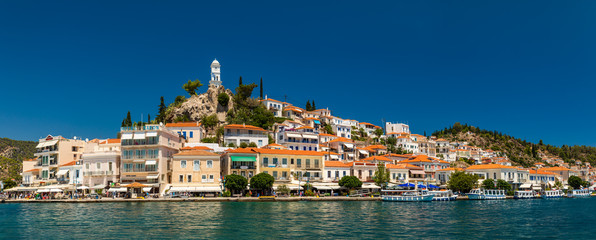 Panoramic view from the sea of Poros island in Aegean sea, Greece