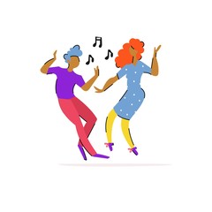 Vector cute illustration with dancing couple. Cartoon man and woman.