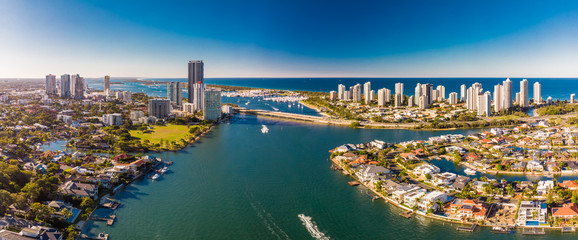 Aerial view of Surfers Paradise and Southport on the Gold Coast, - obrazy, fototapety, plakaty