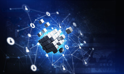 Concept of Internet and networking with digital cube figure on dark background