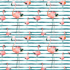 Hand Drawn Illlustration With Flamingo and Stripes. Exotic Summer Beach Motif. Swimwear Design, Wrapping, Background, Wallpaper, Fabric. Hawaiian Print. Jungle Birds Repeated Ornament. Africa.