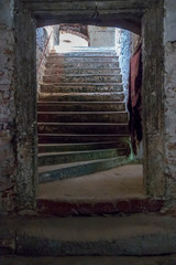 stone stairs in the Mukacheve castle are lit by sunlight. Frequently visited place by tourists