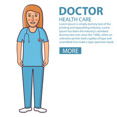 Young woman medical speialist.Healthcare mobile phone icon.Cartoon character people.Worker hospital,clinic.In flat the line art a vector.