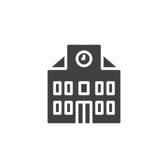 School building with clock vector icon. filled flat sign for mobile concept and web design. Education simple solid icon. Symbol, logo illustration. Pixel perfect vector graphics