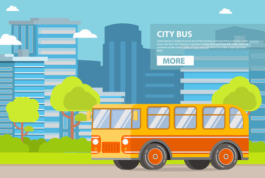 Public city transport. Passenger bus. City of a tower of a skyscraper buildings.Flat vector.Urban background