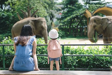 Foto op Plexiglas Happy mother and daughter watching and feeding elephants in zoo. © makistock