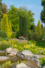 A small lake with decorative stone boulders, small flowers and coniferous trees