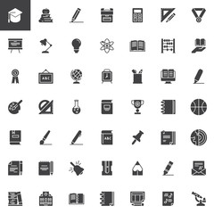 Education vector icons set, modern solid symbol collection, filled style pictogram pack. Signs, logo illustration. Set includes icons as Graduation cap, Apple with book, School bag, Pencil, Whiteboard