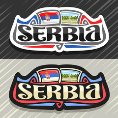 Vector logo for Serbia country, fridge magnet with serbian state flag, original brush typeface for word serbia and national serbian symbol - Statue of Pobednik Victor in Belgrade on trees background.