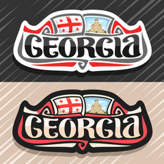 Vector logo for Georgia country, fridge magnet with georgian flag, original brush typeface for word georgia and national georgian symbol - Holy Trinity Cathedral of Tbilisi on cloudy sky background.