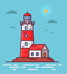 Lighthouse tower lodge on the rock. Navigation beacon for the ships.Landscape sea with waves a beacon and seagulls.
Flat line art vector.Cartoon building.Sea guiding light house.Maritime searchlight.