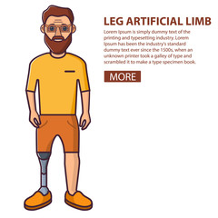 Obraz na płótnie Canvas Man with a beard a leg artificial limb.Young Person sport prostheses. Cartoon character flat line art vector. Isolated on white.The guy who has overcome disability.