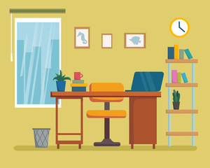 The workplace interior cartoon design with furniture, bookshelf. Freelancer, designer office workstation. Business concept flat style cartoon vector illustration