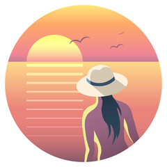 the woman in the hat looks at the sunset