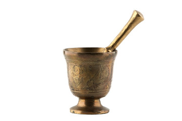 Vintage bronze mortar with pestle on white