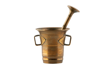 Vintage bronze mortar with pestle on white