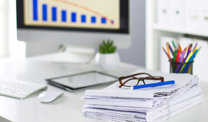 Workspace presentation mockup, Desktop computer and office supplies on marble desk