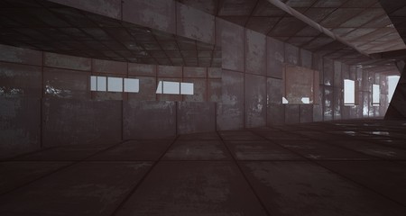 Empty smooth abstract room interior of sheets rusted metal with gray concrete. Architectural background. 3D illustration and rendering