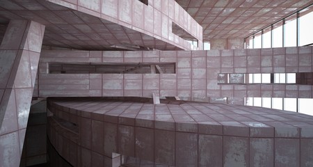 Empty smooth abstract room interior of sheets rusted metal with gray concrete. Architectural background. 3D illustration and rendering