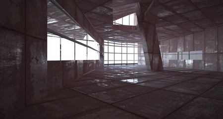 Empty smooth abstract room interior of sheets rusted metal with gray concrete. Architectural background. 3D illustration and rendering