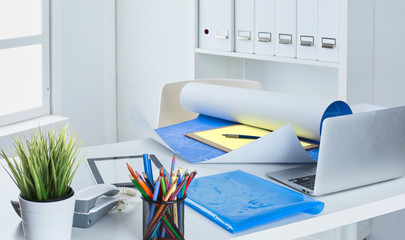 Workspace presentation mockup, Desktop computer and office supplies on marble desk