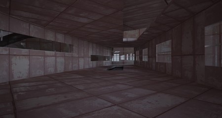 Empty smooth abstract room interior of sheets rusted metal with gray concrete. Architectural background. 3D illustration and rendering