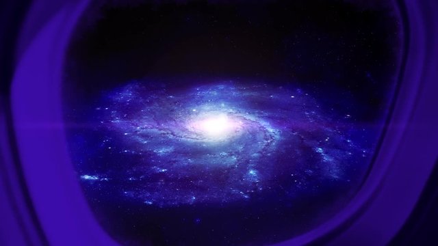 A spinning galaxy being seen through a spaceship window