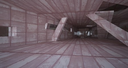 Empty smooth abstract room interior of sheets rusted metal with gray concrete. Architectural background. 3D illustration and rendering