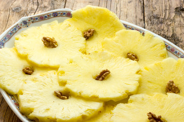 Pineapple slices in a dish