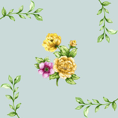 Pink and yellow green leaves seamless pattern. Romantic garden flowers illustration