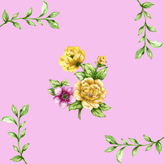 Pink and yellow green leaves seamless pattern