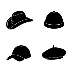 Collection of different hats (bowler, cap, beret etc.). Vector art.