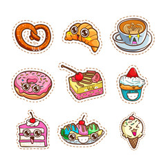 cute sticker coffee, cake, ice cream and bakery vector