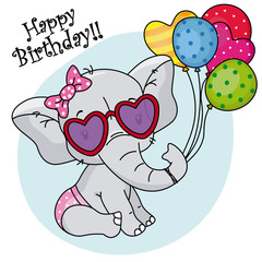 cute elephant with sunglasses and balloons for birthday party