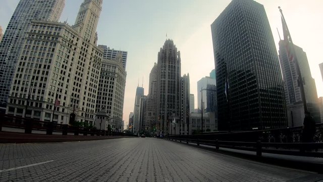 Driving through Chicago downtown past its famous skyline and buildings.