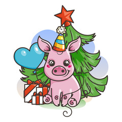 Happy New 2019 Year card with cartoon baby pig. Small symbol of holiday.