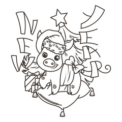 Happy New 2019 Year card with cartoon baby pig. Small symbol of holiday.