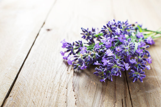 Bunch of lavender flowers on a wooden background, copy space .