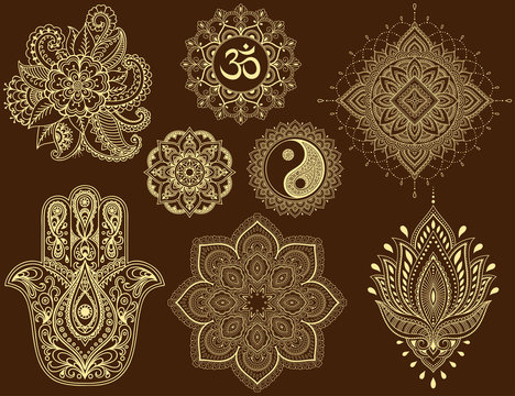 Big set of Mehndi flower pattern, mandala, mantra OM, Yin-yang symbol and Hamsa for Henna drawing and tattoo. Decoration in ethnic oriental, Indian style.