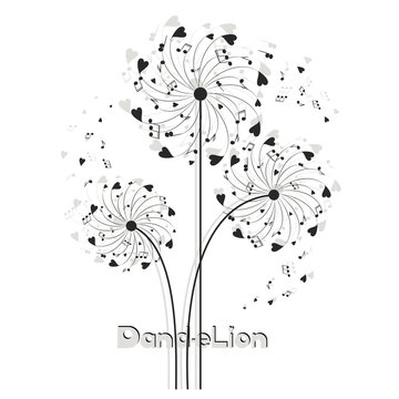 Musical dandelion from hearts and notes. Flying in the wind, the parachutes from hearts and notes. Logo, emblem, poster. The word and the silhouette of a dandelion on a white background.  