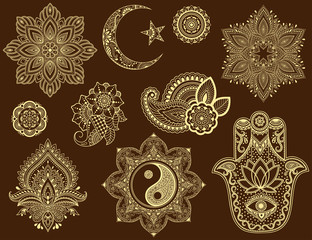 Big set of Mehndi flower pattern, mandala, Star and Crescent, Yin-yang symbol and Hamsa for Henna drawing and tattoo. Decoration in ethnic oriental style.